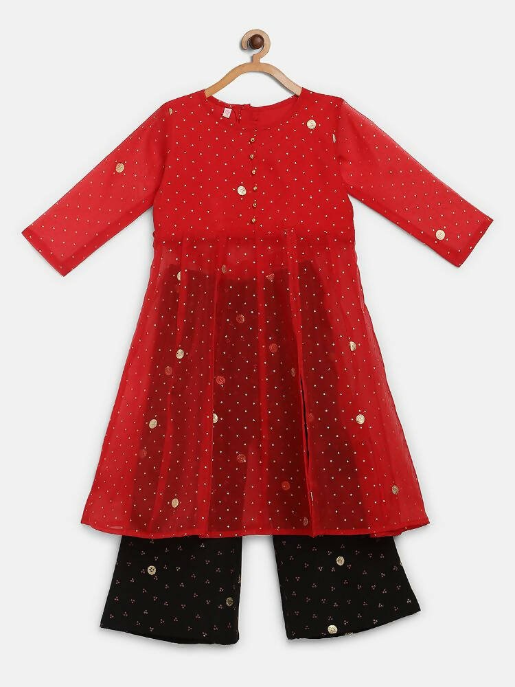 Ahalyaa Red Organza Kids Kurta Palazzo Set For Girls | Grocsy