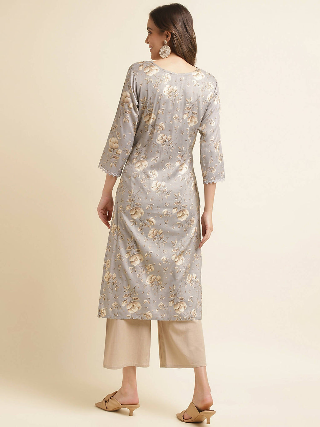 Grey Poly Rayon Floral Printed Straight Kurta - Prasuti | Grocsy
