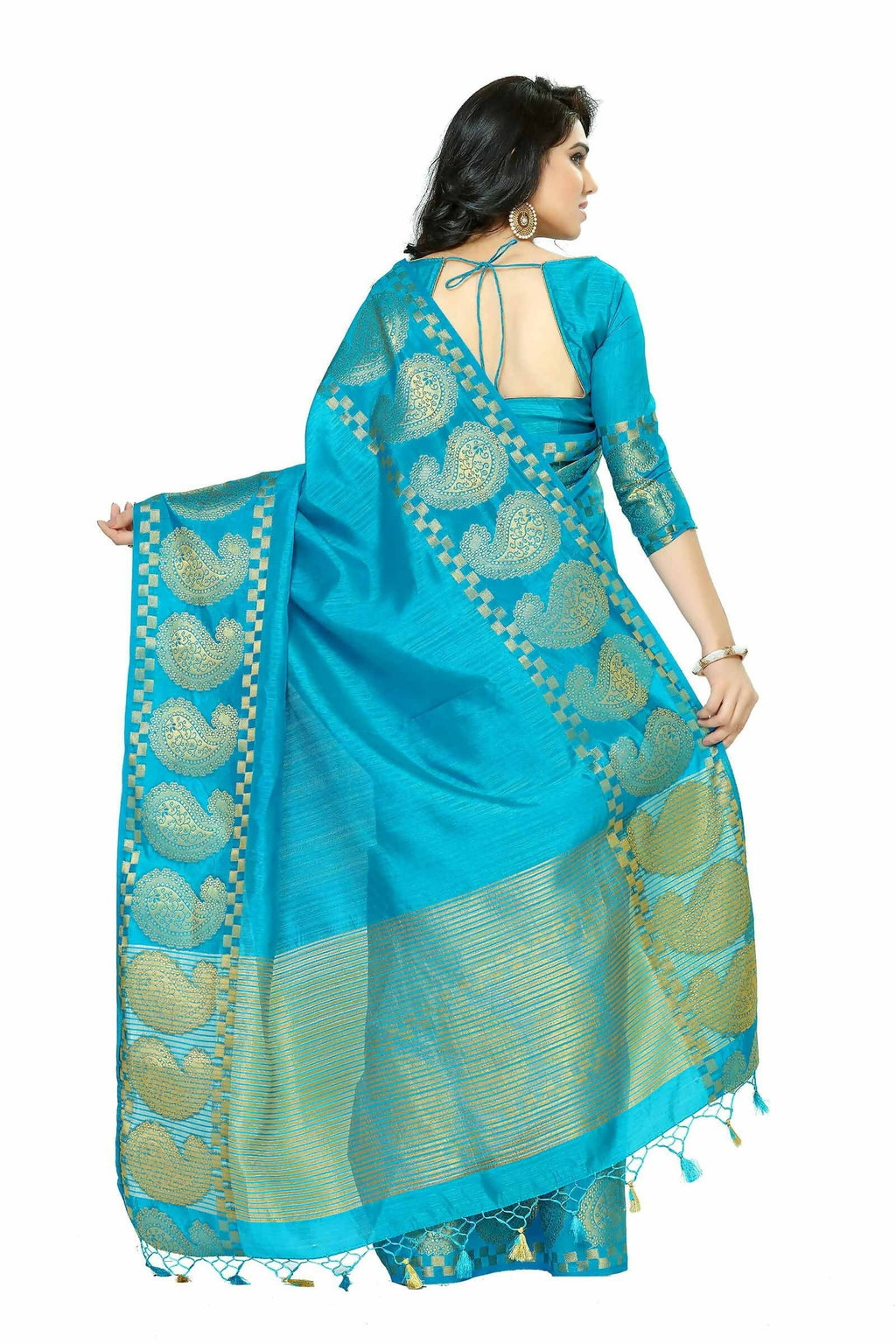 Mimosa Women's Banarasi Tussar Silk Turquoise Blue Saree | Grocsy