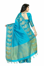 Mimosa Women's Banarasi Tussar Silk Turquoise Blue Saree | Grocsy