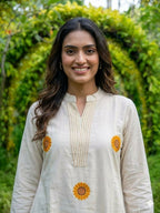 Teeya Creation New Latest Women Off-White & Yellow Embroidered Cotton A-Line Kurta with Trousers | Grocsy