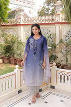 Vaasva Women Blue Tabby Slik Print & Embroidered Kurta, Pant & Dupatta Set | Grocsy