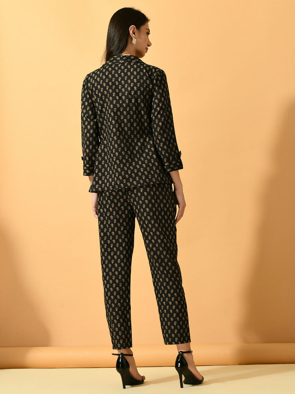 Myshka Women's Black Printed Coat With Trousers | Grocsy