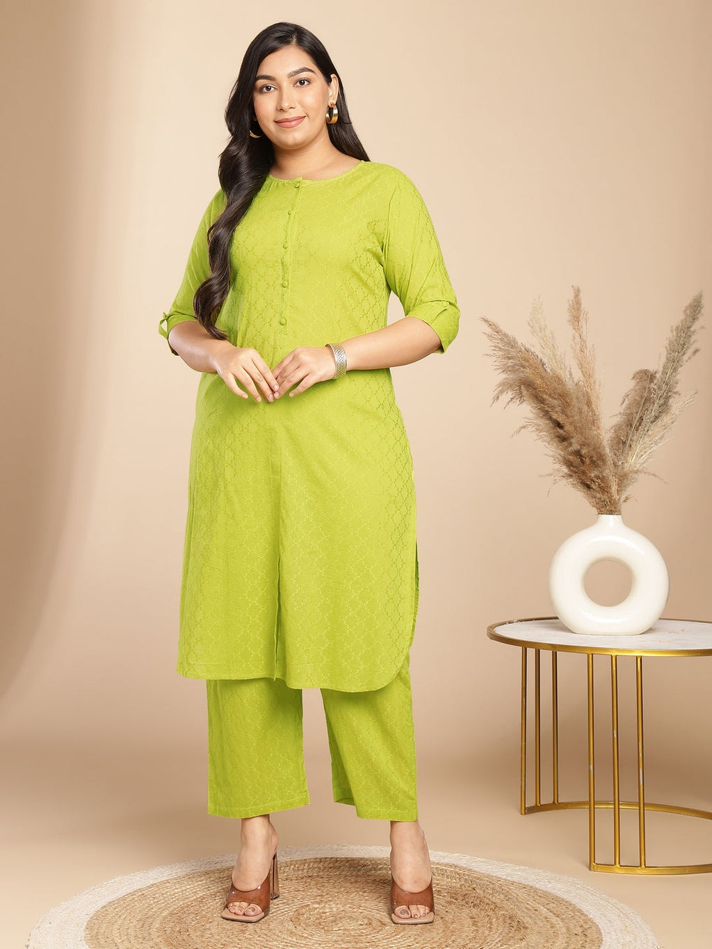 Janasya Regular Jacquard Lime Green Self Design Round Neck Co-Ords | Grocsy