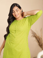 Janasya Regular Jacquard Lime Green Self Design Round Neck Co-Ords | Grocsy