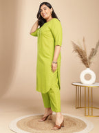 Janasya Regular Jacquard Lime Green Self Design Round Neck Co-Ords | Grocsy