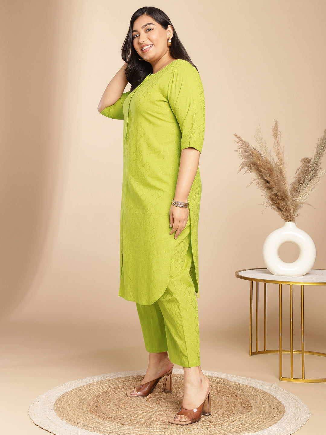 Janasya Regular Jacquard Lime Green Self Design Round Neck Co-Ords | Grocsy