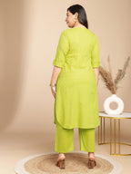 Janasya Regular Jacquard Lime Green Self Design Round Neck Co-Ords | Grocsy