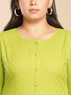 Janasya Regular Jacquard Lime Green Self Design Round Neck Co-Ords | Grocsy