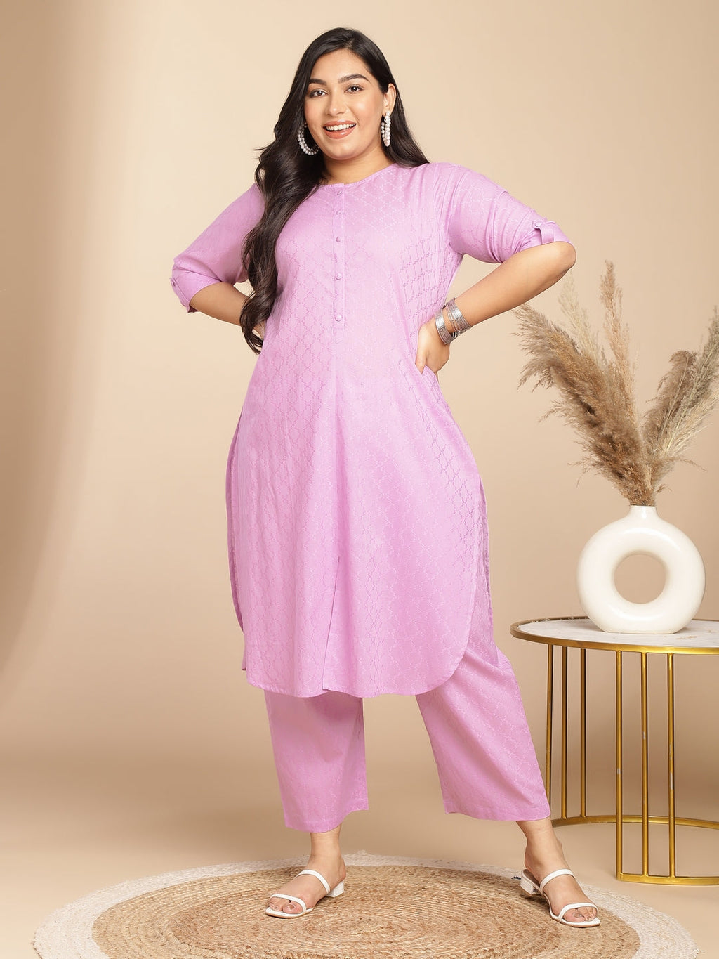 Janasya Straight Jacquard Lavender Self Design Round Neck Co-Ords | Grocsy