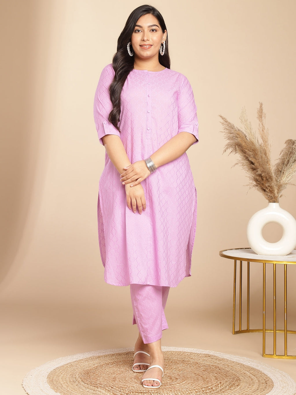 Janasya Straight Jacquard Lavender Self Design Round Neck Co-Ords | Grocsy