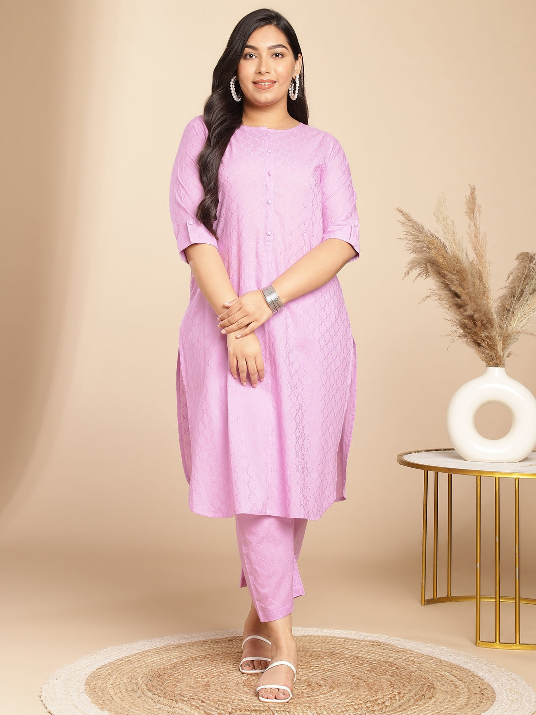 Janasya Straight Jacquard Lavender Self Design Round Neck Co-Ords | Grocsy