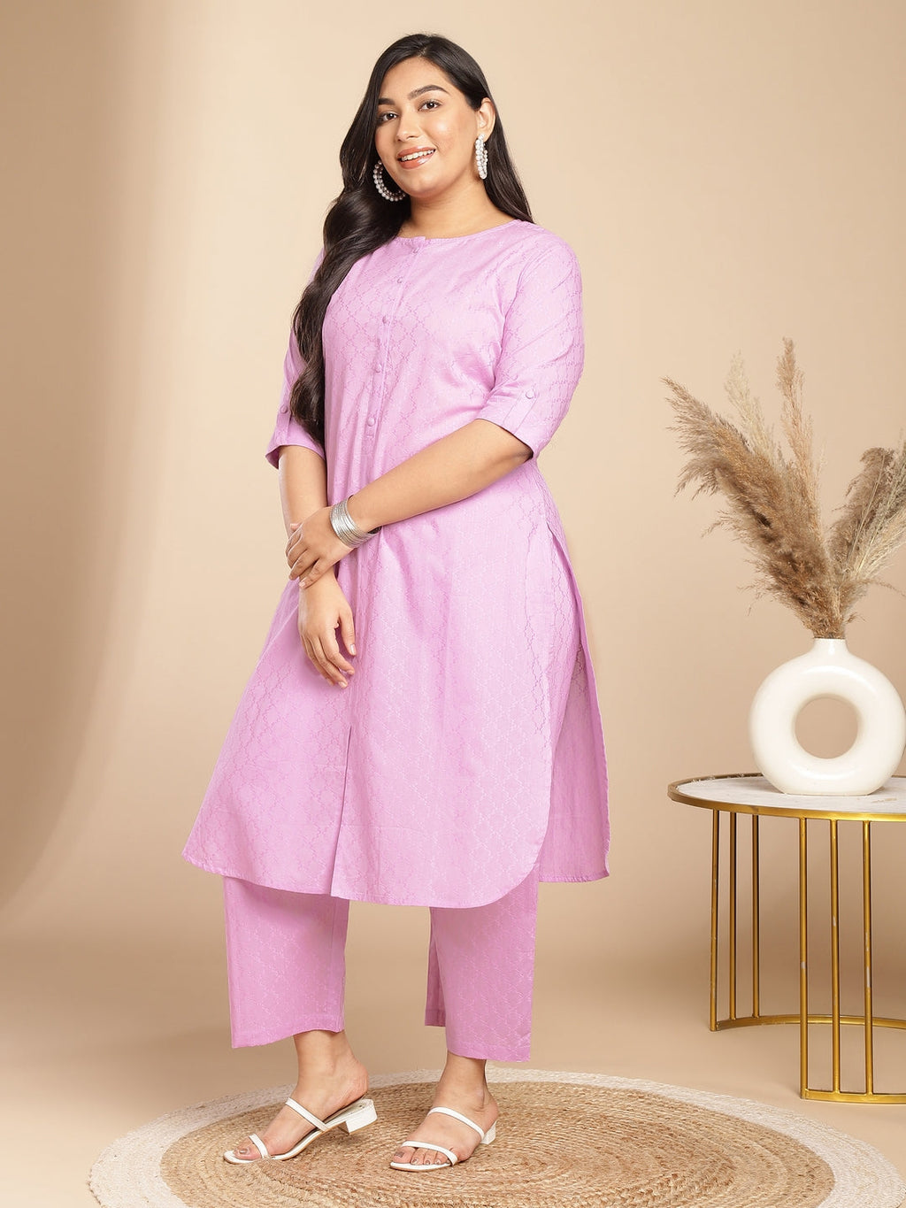Janasya Straight Jacquard Lavender Self Design Round Neck Co-Ords | Grocsy