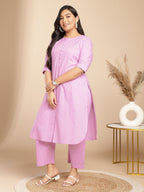 Janasya Straight Jacquard Lavender Self Design Round Neck Co-Ords | Grocsy