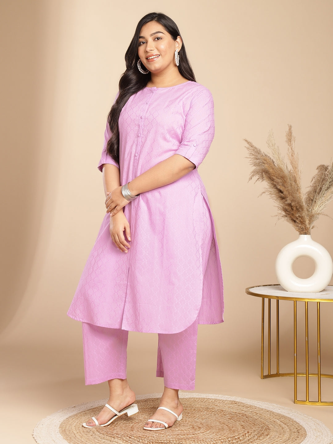 Janasya Straight Jacquard Lavender Self Design Round Neck Co-Ords | Grocsy