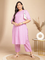 Janasya Straight Jacquard Lavender Self Design Round Neck Co-Ords | Grocsy
