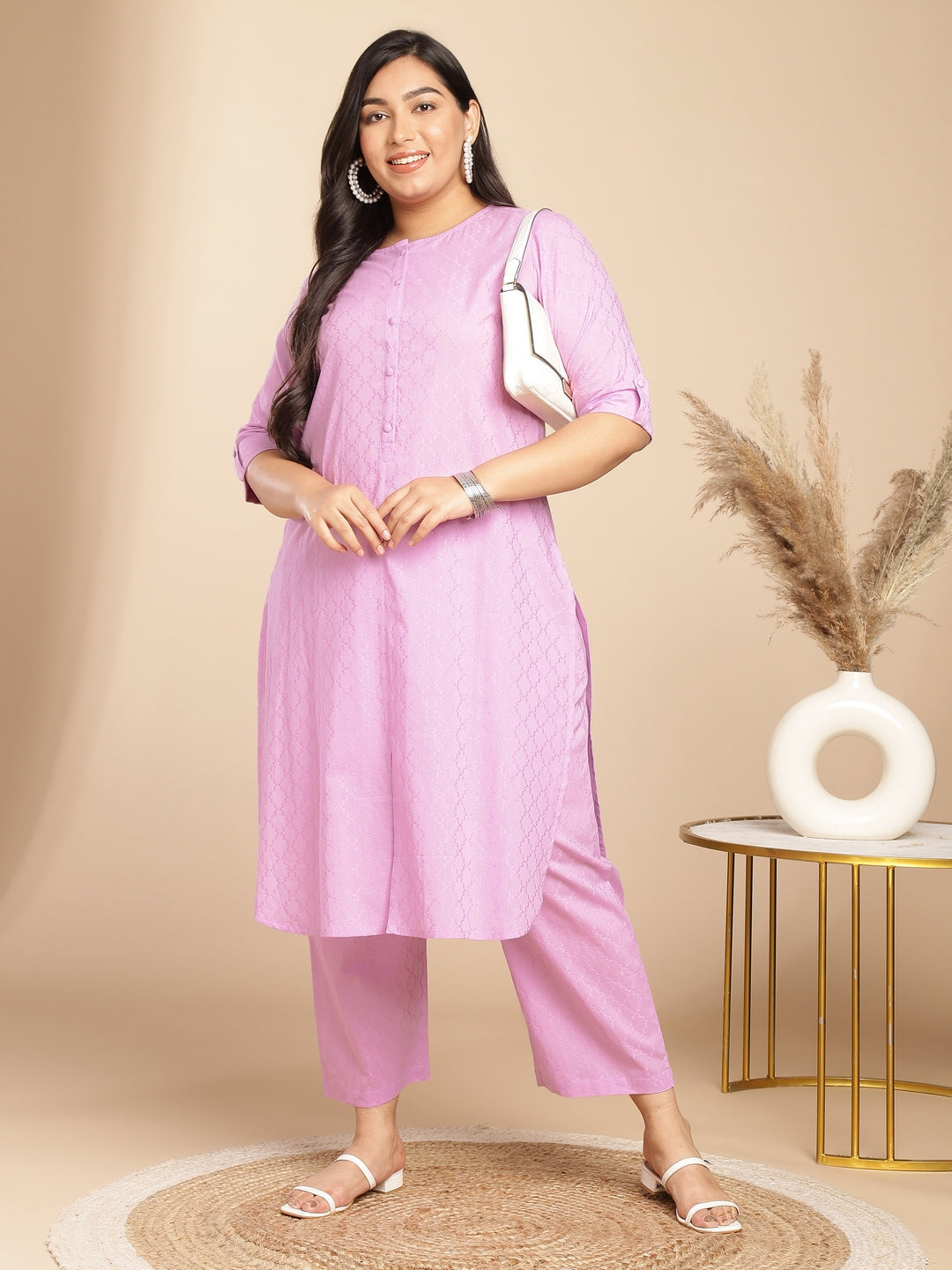 Janasya Straight Jacquard Lavender Self Design Round Neck Co-Ords | Grocsy