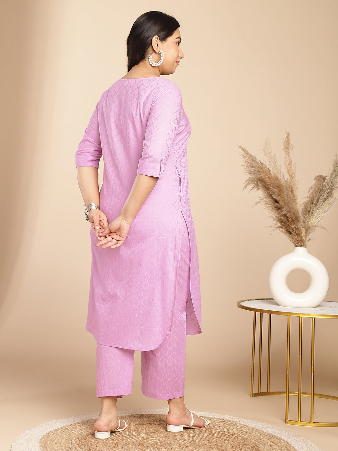 Janasya Straight Jacquard Lavender Self Design Round Neck Co-Ords | Grocsy