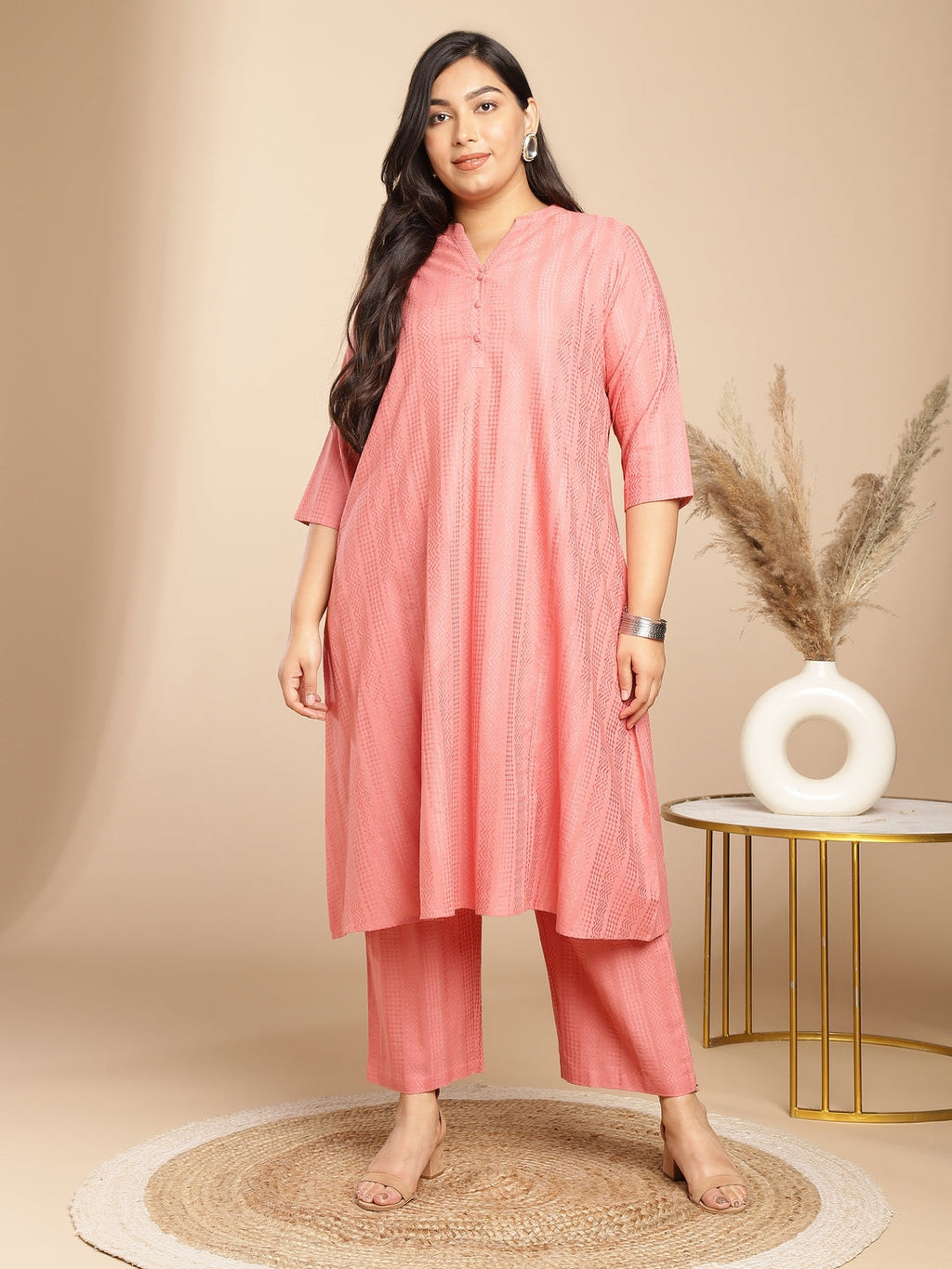 Janasya Straight Jacquard Pink Self Design Band Collar Co-Ords | Grocsy