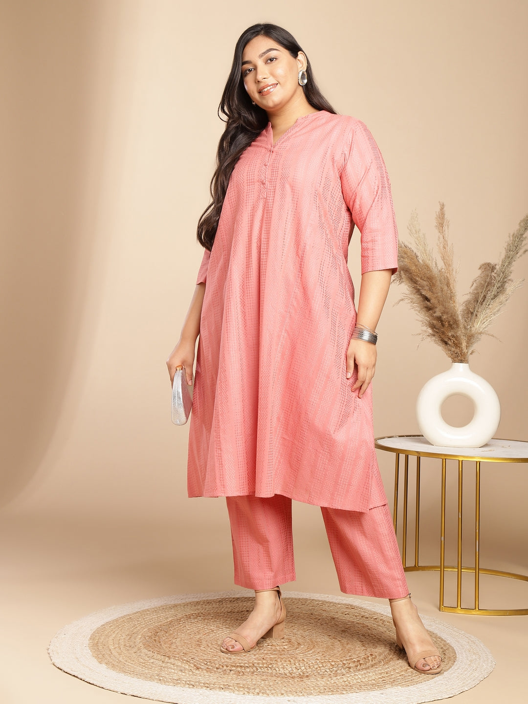Janasya Straight Jacquard Pink Self Design Band Collar Co-Ords | Grocsy