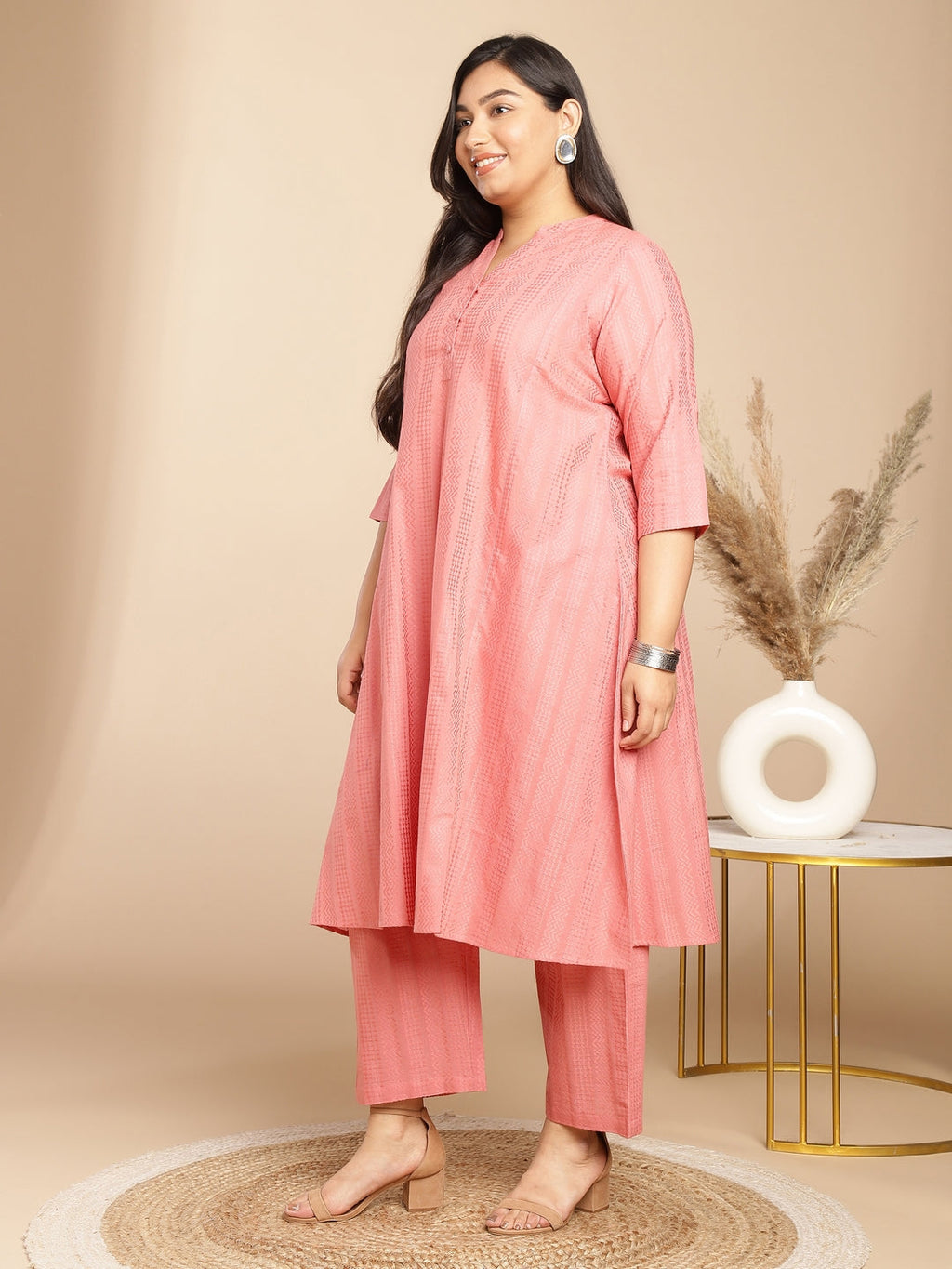 Janasya Straight Jacquard Pink Self Design Band Collar Co-Ords | Grocsy