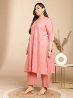 Janasya Straight Jacquard Pink Self Design Band Collar Co-Ords | Grocsy