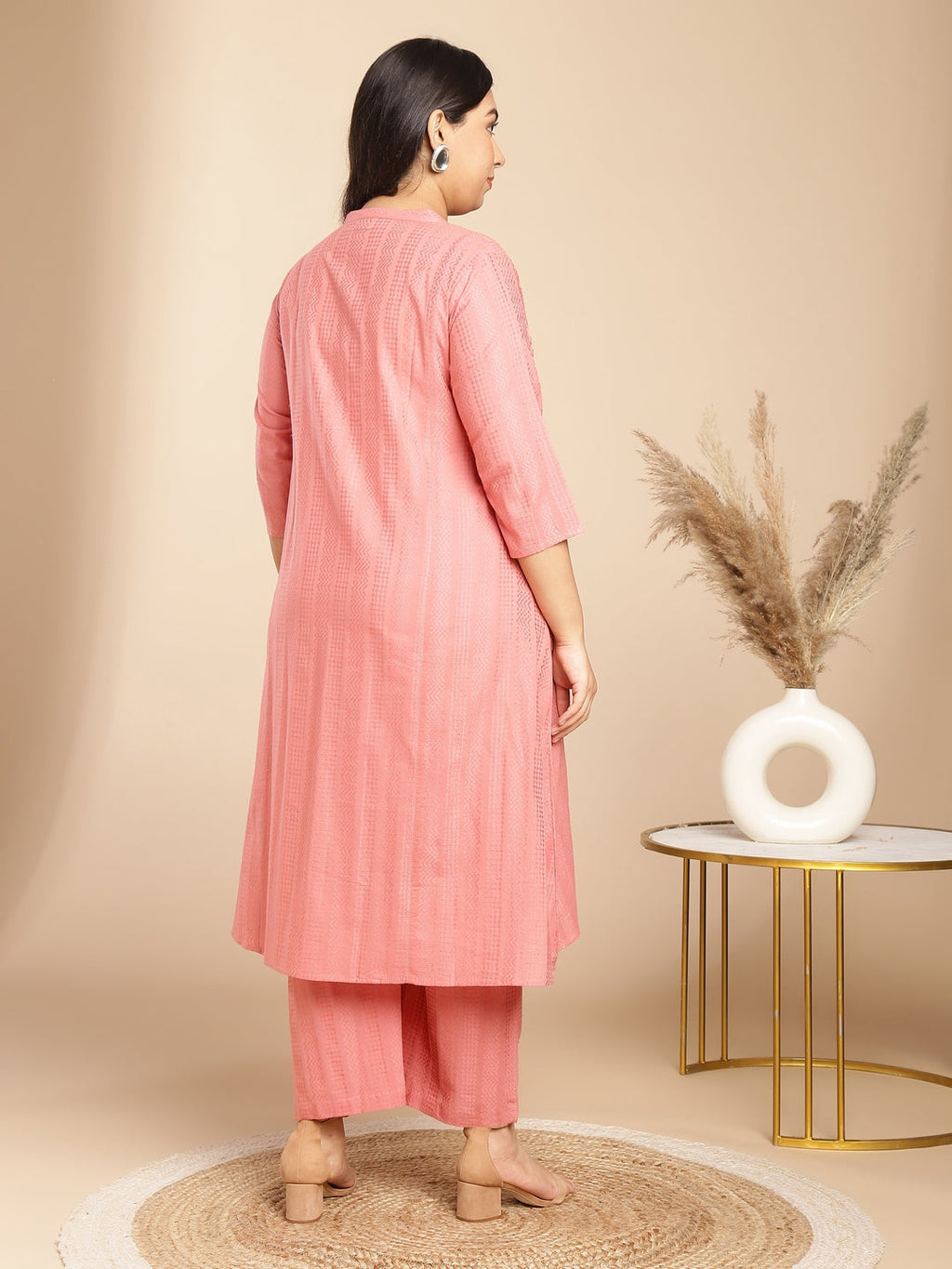 Janasya Straight Jacquard Pink Self Design Band Collar Co-Ords | Grocsy