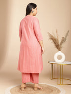 Janasya Straight Jacquard Pink Self Design Band Collar Co-Ords | Grocsy