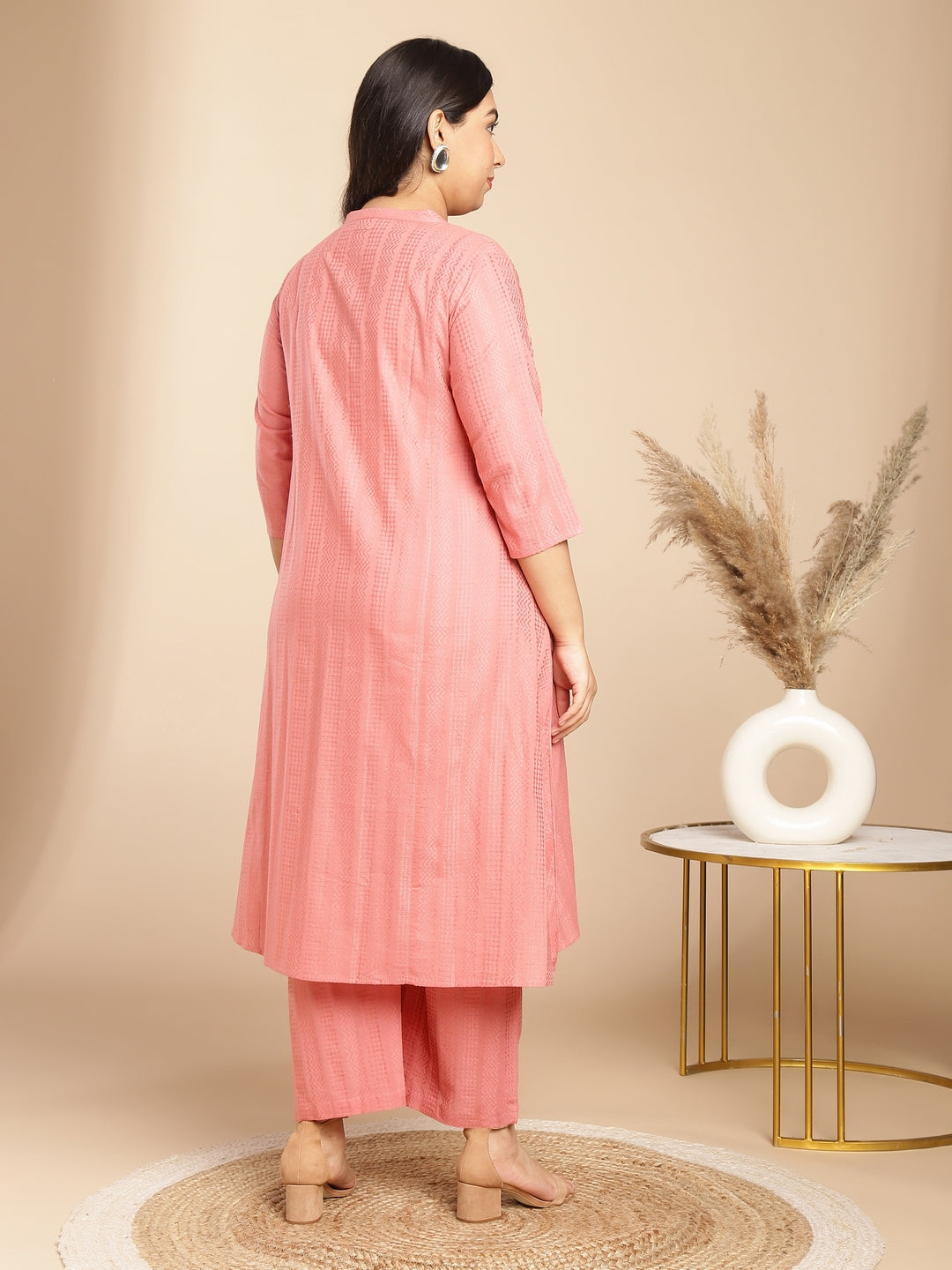 Janasya Straight Jacquard Pink Self Design Band Collar Co-Ords | Grocsy