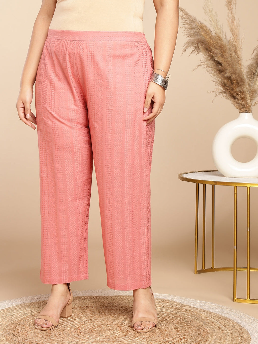Janasya Straight Jacquard Pink Self Design Band Collar Co-Ords | Grocsy