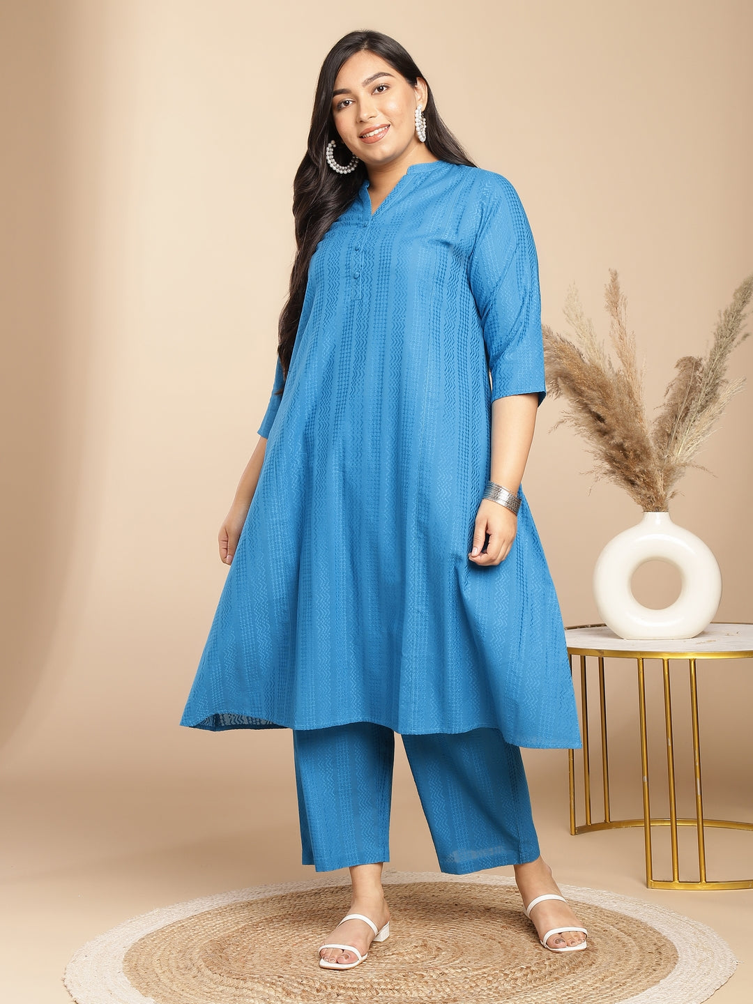 Janasya A-Line Jacquard Teal Self Design Band Collar Co-Ords | Grocsy