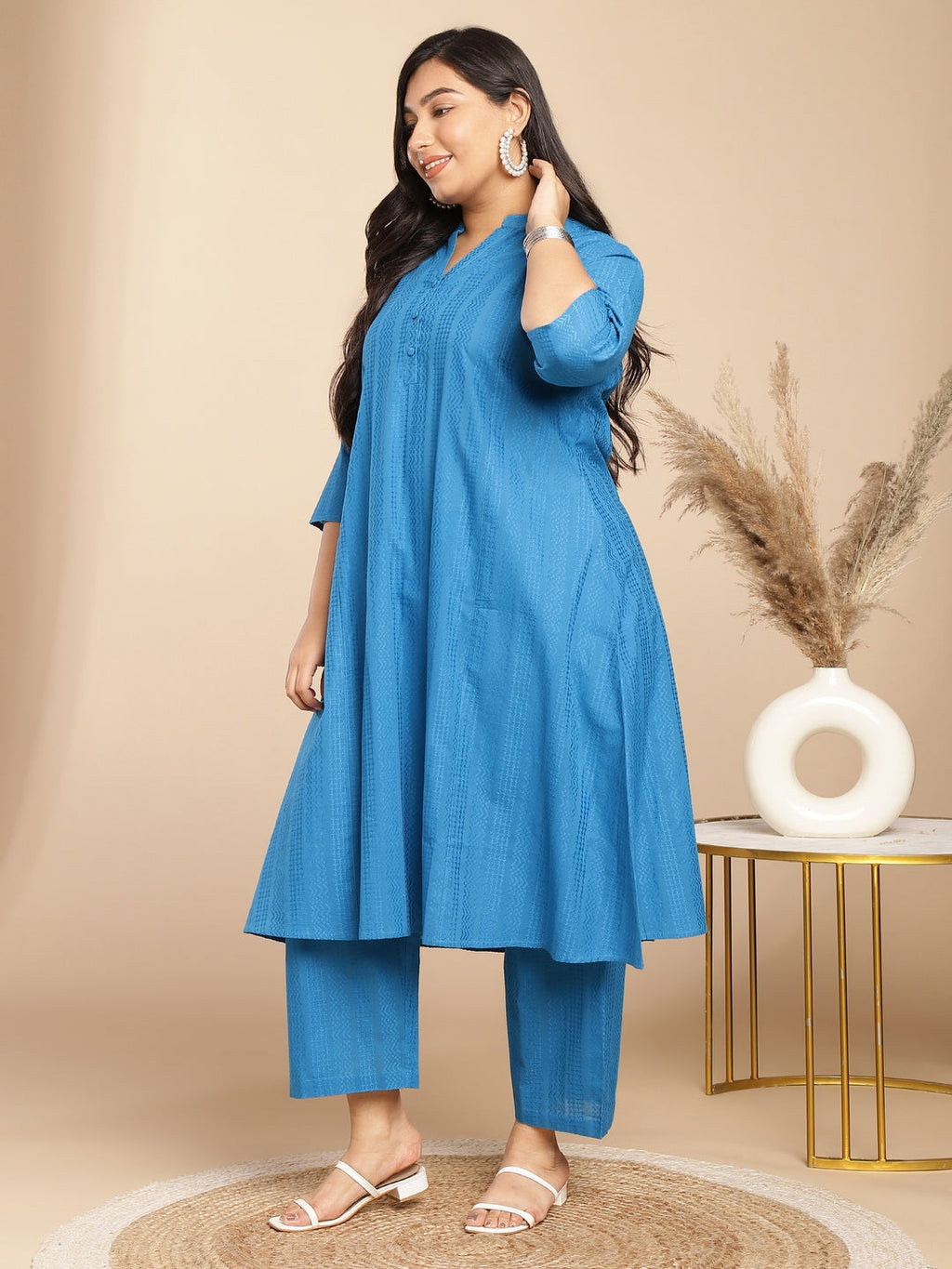Janasya A-Line Jacquard Teal Self Design Band Collar Co-Ords | Grocsy