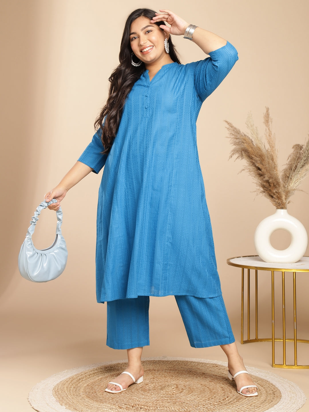 Janasya A-Line Jacquard Teal Self Design Band Collar Co-Ords | Grocsy