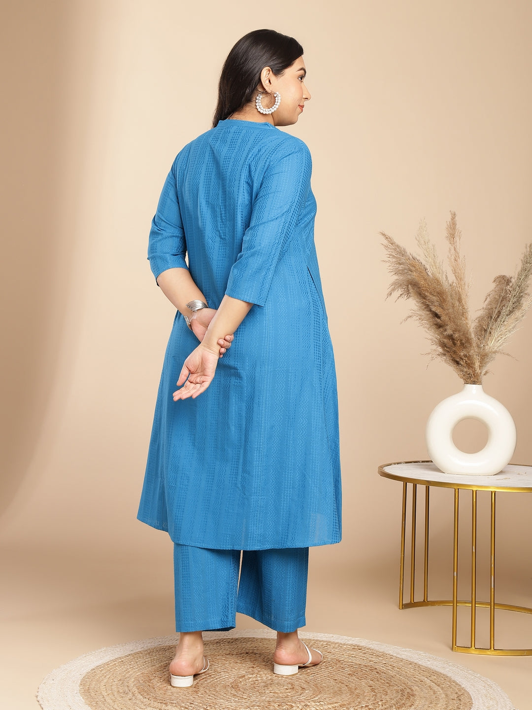 Janasya A-Line Jacquard Teal Self Design Band Collar Co-Ords | Grocsy