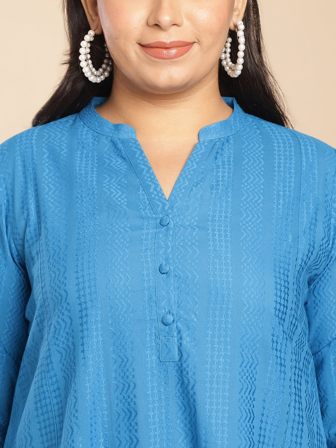 Janasya A-Line Jacquard Teal Self Design Band Collar Co-Ords | Grocsy