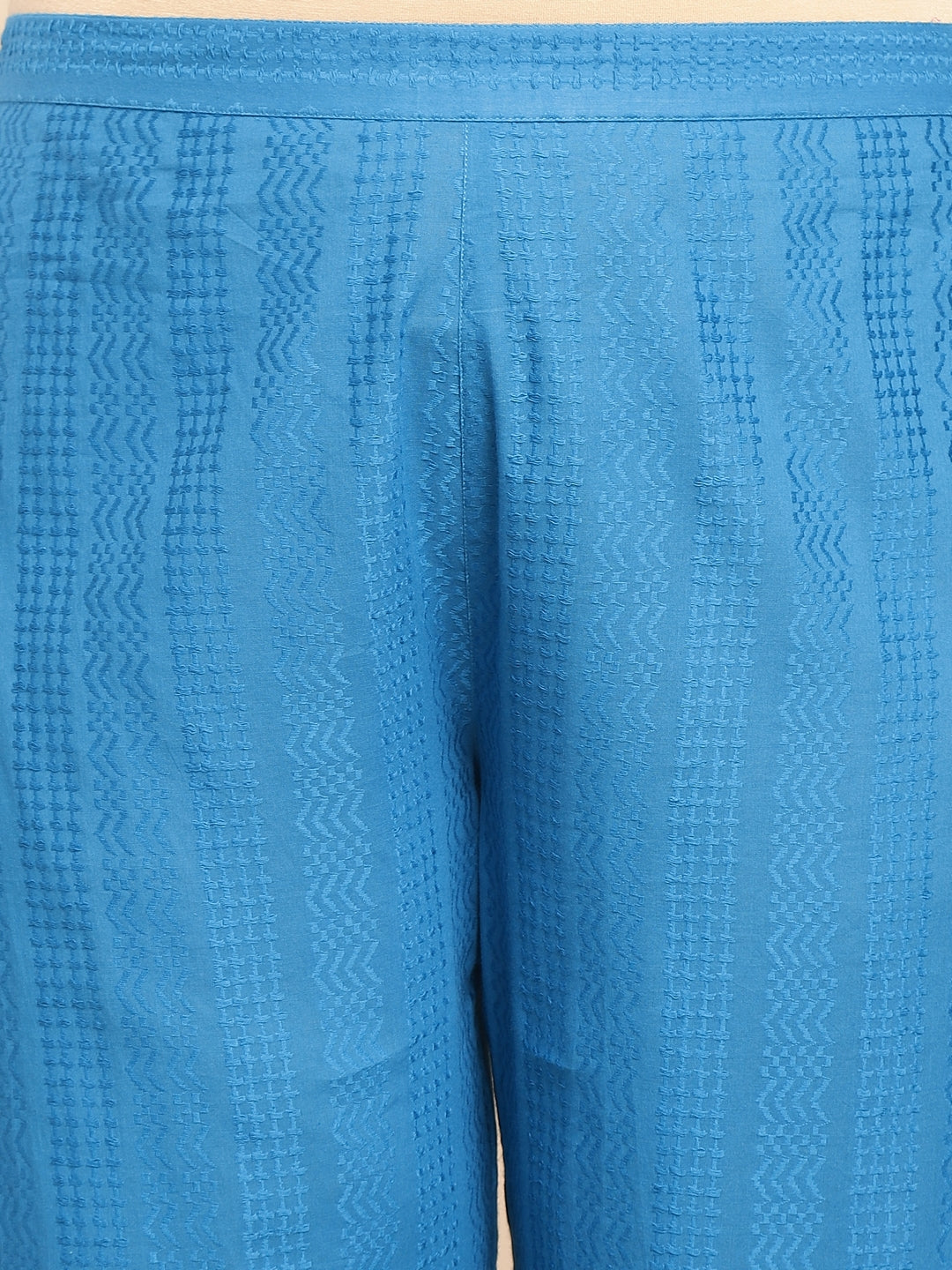 Janasya A-Line Jacquard Teal Self Design Band Collar Co-Ords | Grocsy