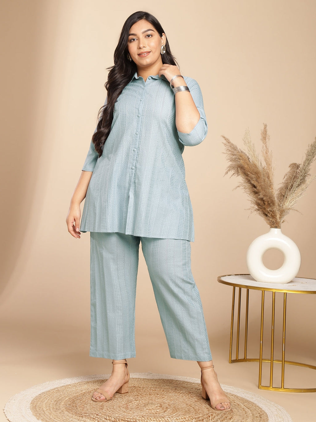 Janasya A-Line Jacquard Light Blue N/A Collar Co-Ords | Grocsy
