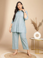 Janasya A-Line Jacquard Light Blue N/A Collar Co-Ords | Grocsy