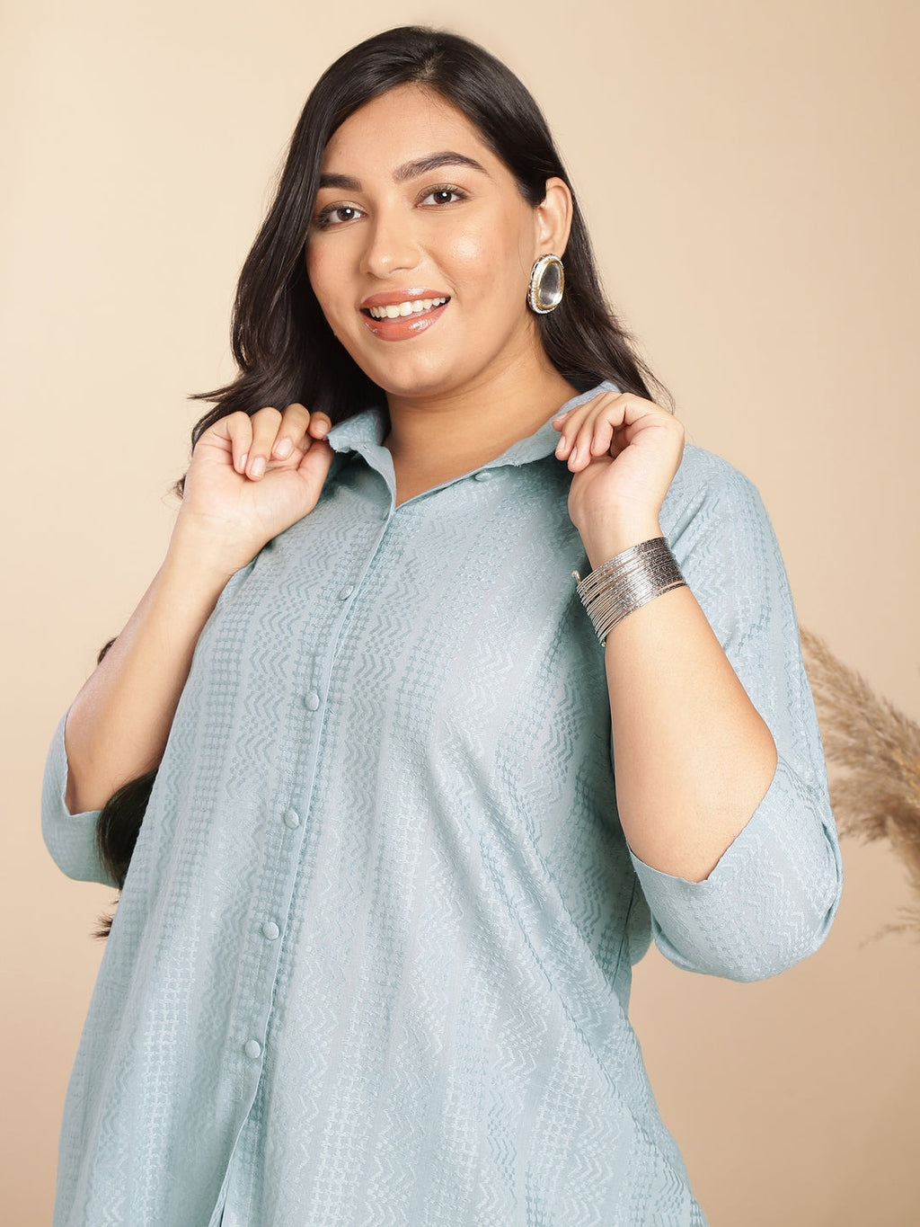 Janasya A-Line Jacquard Light Blue N/A Collar Co-Ords | Grocsy