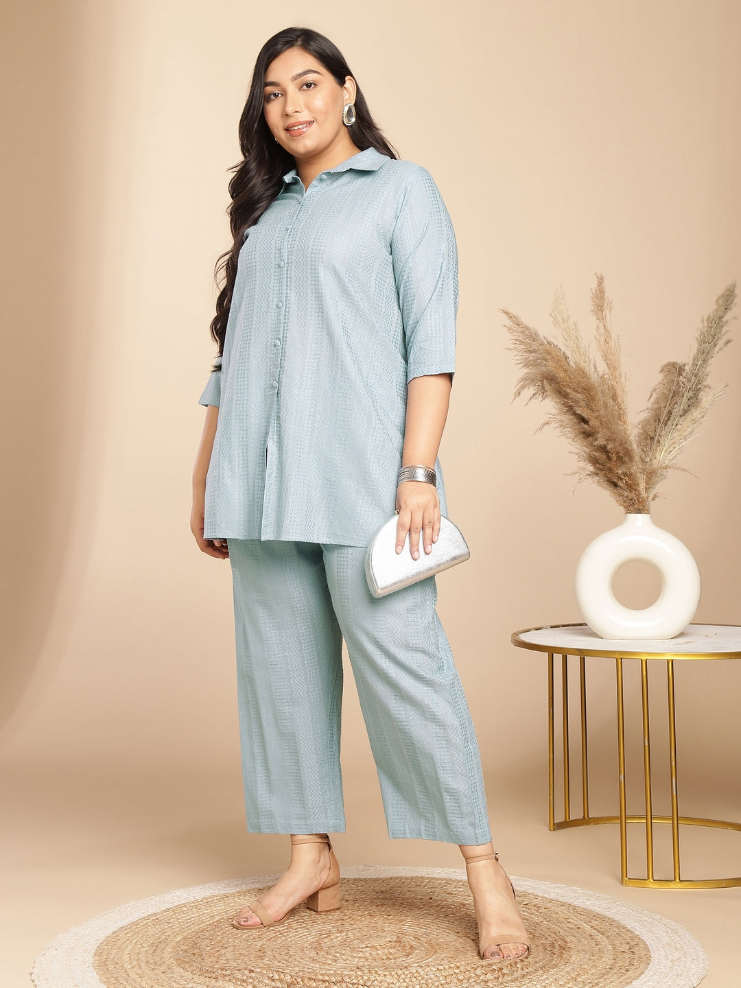 Janasya A-Line Jacquard Light Blue N/A Collar Co-Ords | Grocsy