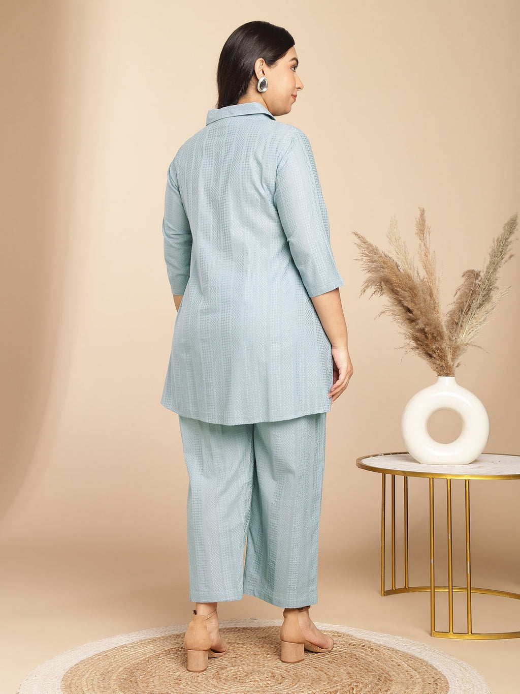 Janasya A-Line Jacquard Light Blue N/A Collar Co-Ords | Grocsy