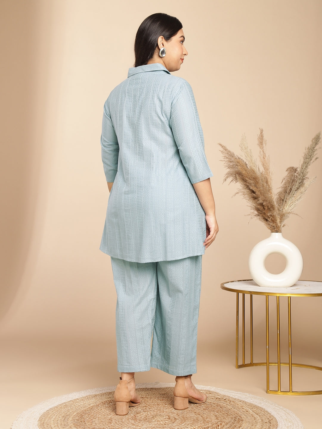 Janasya A-Line Jacquard Light Blue N/A Collar Co-Ords | Grocsy