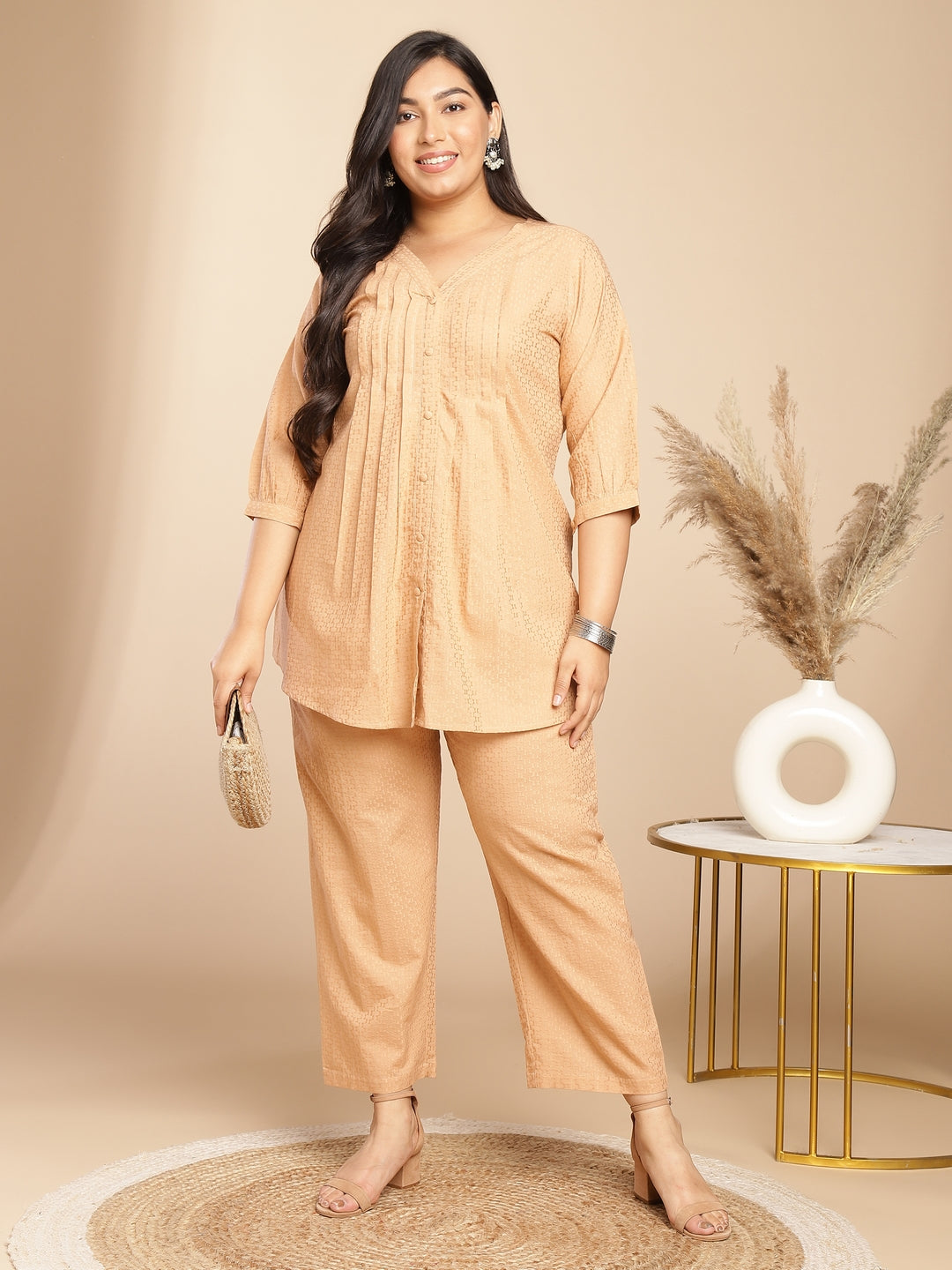 Janasya Pleated Jacquard Peach Self Design V-Neck Co-Ords | Grocsy