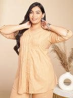 Janasya Pleated Jacquard Peach Self Design V-Neck Co-Ords | Grocsy