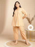 Janasya Pleated Jacquard Peach Self Design V-Neck Co-Ords | Grocsy