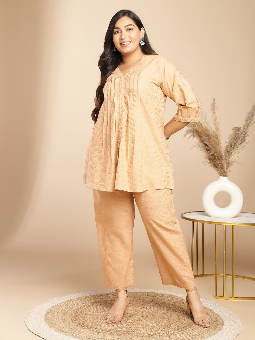 Janasya Pleated Jacquard Peach Self Design V-Neck Co-Ords | Grocsy