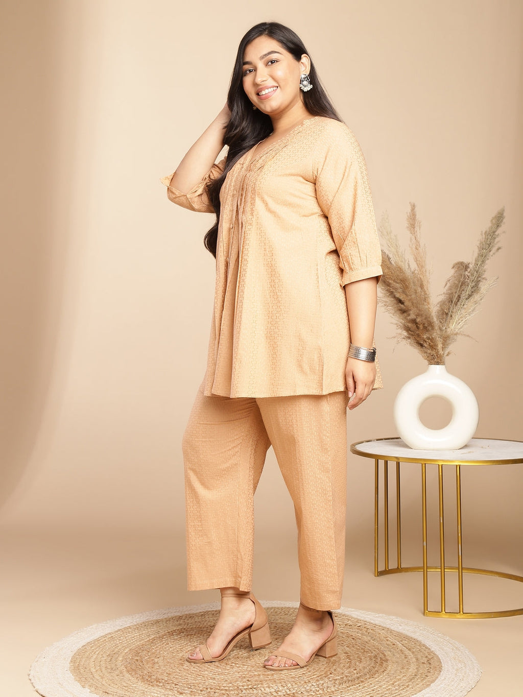 Janasya Pleated Jacquard Peach Self Design V-Neck Co-Ords | Grocsy