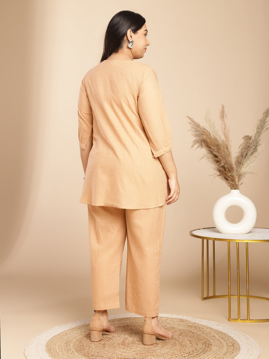 Janasya Pleated Jacquard Peach Self Design V-Neck Co-Ords | Grocsy