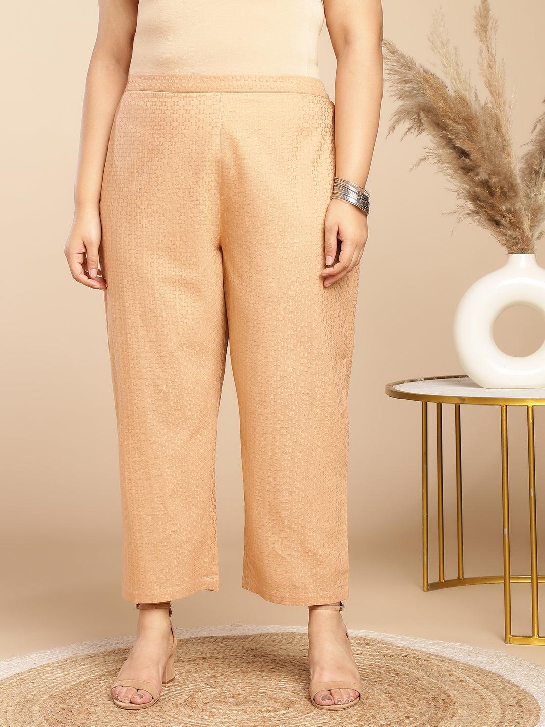 Janasya Pleated Jacquard Peach Self Design V-Neck Co-Ords | Grocsy