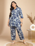 Janasya Dark Cotton Floral A-Line Top & Bottom Set | Grocsy